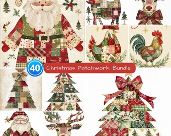 Patchwork Christmas Clipart Bundle for Crafters 40 PDF Jpg Png Files Quilted Santa Rudolph Farm Animals Xmas Crafters PNG Sublimation DIY