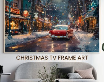 Christmas TV Frame Art Xmas Village Street,Retro Classic Cars TV Art Digital Download | Samsung Frame TV Art 3840x2160 | Set of 4 1950s Art