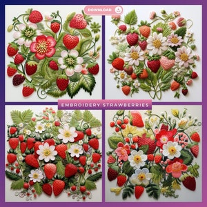 Broderie Clipart PNG de 8 fraises Motifs de fraises et de fleurs Broderie jardin de 8 cliparts PNG