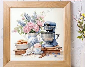 Clipart acquerello di miscelatore da cucina vintage: pacchetto PNG JPEG floreale