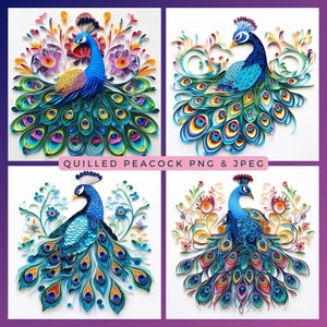 Quilled Peacock Clipart: 3D Paper Bird Motifs (Instant Download)