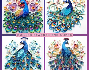 Quilled Peacock Clipart: 3D Paper Bird Motifs (Instant Download)