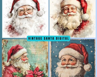 Puede incluir: Un collage digital de cuatro ilustraciones vintage de Santa Claus. Cada imagen presenta una representación diferente de Santa, con expresiones faciales y fondos variados. Las imágenes están en un estilo acuarela, con colores suaves y un aspecto vintage.