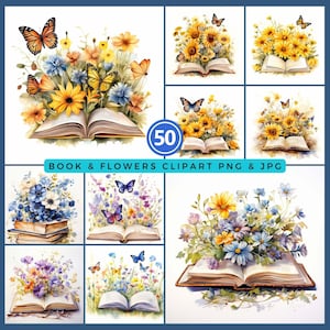 Paquete de flores de libro de acuarela Libro abierto de acuarela con paquete de flores - 50 archivos digitales PNG & JPEG Libro Flores Clipart Floral Libro Clipart