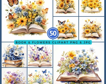 Watercolor Book Flower Clipart Bundle: 50 PNG & JPEG Digital Files