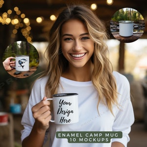 Paquete de maquetas de taza para acampar Maqueta de taza para acampar de 12 oz para diseños de camping Maqueta de taza de pesca Decoración estética elegante Maqueta de taza de lata blanca