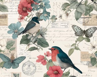Vintage Bird Seamless Pattern Shabby Chic Junk Journal Wrapping Paper JPG Gift Wrap Digital Ephemera Paper Files Gift Wrap Digital Download