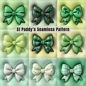 Può includere: Nove diversi design di fiocchi in verde e bianco con vari motivi, tra cui pois, quadri e trifogli. Il testo "St Paddy's Seamless Pattern" è visualizzato al centro dell'immagine.