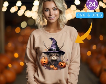 Halloween Highland Cow Witch Clipart: Spooky Watercolor (PNG JPEG Digital Download)