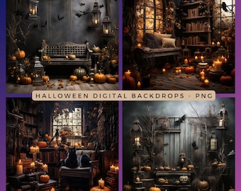 May include: Four digital Halloween backdrops featuring a variety of spooky scenes. The first backdrop shows a wooden bench with pumpkins and lanterns in front of a dark, mysterious background. The second backdrop features a cozy reading nook with a window, a bookshelf, and a couch. The third backdrop shows a room with a fireplace, a bookshelf, and a cat. The fourth backdrop features a wooden door with pumpkins and lanterns in front of a rustic background.