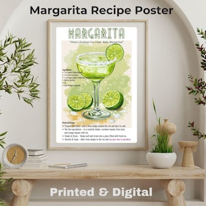 Póster de receta de margarita, póster impreso o digital, decoración de cocina, impresión artística de cóctel, arte de pared de bar, regalo para barman, margarita rosa