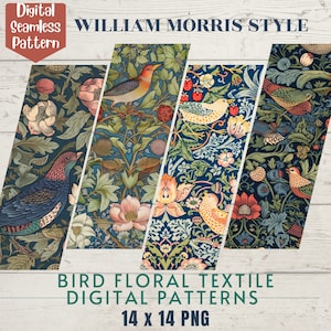 May include: Four digital seamless patterns in the William Morris style featuring birds and floral designs. The patterns are 14 inches by 14 inches and are in PNG format.