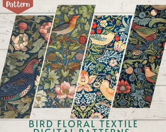 Paquete de 8 patrones imprimibles sin costuras de William Morris, papel floral con pájaros vintage, estilo Art Nouveau, papel digital con pájaros