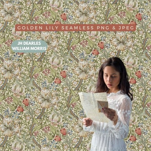 Goldene Lilie William Morris JH Dearle Nahtlose Muster Grün Gold Papier Jugendstil Muster Vintage Digitales Papier druckbares Scrapbook Papier
