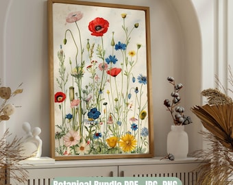 Vintage Wildflower Botanical Prints Bundle | Floral Wall Art Set of 4 Antique Botanical Illustrations | Digital Download Posters Floral PNG