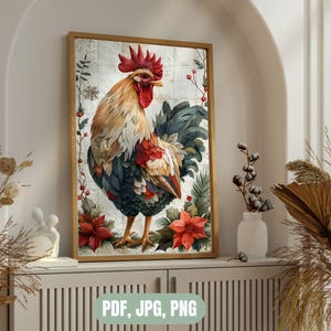 May include: A framed print of a vibrant rooster illustration. The artwork displays a detailed depiction of the rooster with red, blue, and gold feathers, set against a white quilted background. Decorative floral elements frame the image.