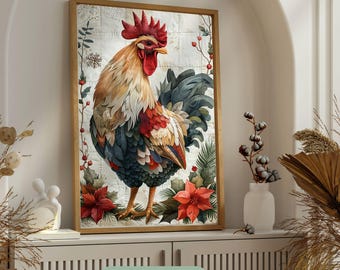 Farmhouse Christmas Rooster Patchwork: Rustic Holiday Wall Art (PNG, PDF)