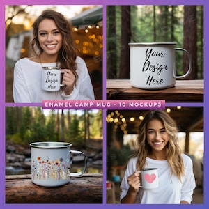 Paquete de 10 maquetas de tazas de campamento Maqueta de taza de camping de 12 oz para diseños de camping Maqueta de taza de pesca Decoración estética elegante Taza de maqueta de taza de hojalata blanca