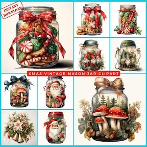 32 Christmas Mason Jar Bundle PNG Vintage Christmas Clipart Bundle PNG Santa Claus in a Jar Christmas Graphics Candy Cookies Clipart PNGs