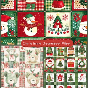 May include: A festive Christmas-themed seamless pattern design. The design features squares with snowmen, teddy bears, Christmas trees, and Santa Claus. The color palette includes red, green, white, and beige. The text "Christmas Seamless Files" is displayed.