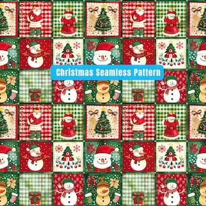 May include: A festive Christmas seamless pattern featuring squares with holiday-themed illustrations. The design includes snowmen, Santa Claus figures, Christmas trees, and gift boxes in red, green, and white. The text "Christmas Seamless Pattern" is displayed.