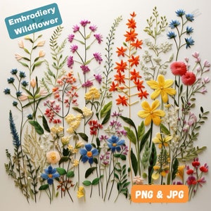 Lot de 8 motifs de broderie fleurs sauvages, projets de bricolage, broderie florale png, images d'art floral IA téléchargeables, décoration de chambre