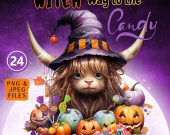 Halloween Highland Cow PNG: Witch Hat Watercolor Clipart (Digital Download)