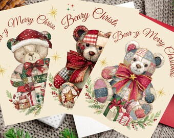 Patchwork Christmas Teddy Bear Card Bundle Vintage Holiday Designs (PDF Printable)Christmas Teddy Bear Printable Patchwork Bear PNG DIY Card