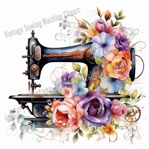 Floral Sewing Machine Clipart Instant Download Watercolor Floral PNG Sewing Room Decor Vintage Sewing Machine PNG Vintage Floral Clipart