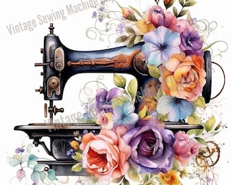 May include: Vintage sewing machine with a floral design. The machine is blue and black with a brown wooden handle. The flowers are in shades of pink, purple, yellow, and blue.