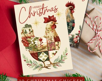 Patchwork Christmas Chicken Card Bundle: Vintage Holiday Designs (PDF Printable)