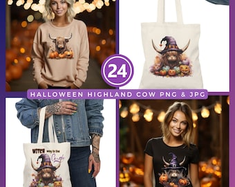 Halloween Highland Cow Witch Hat PNG: Watercolor Fall Designs (Digital Download)