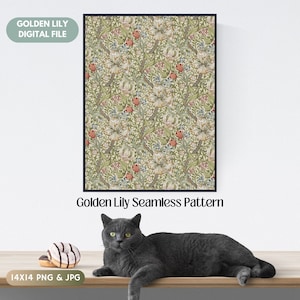 May include: A framed digital print of a vintage floral pattern featuring white lilies, red and blue flowers, and green leaves. The text "Golden Lily Seamless Pattern" is below the frame.