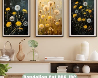 Dandelion Oil Painting Prints – Set of 3 Botanical Wall Art Prints Vintage Dandelion Prints Nature Decor Oil Painting Style Moody Floral Art