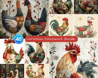 Patchwork Christmas Farm Animals Clipart Bundle: Quilted PNG JPG PDF (Digital Download)