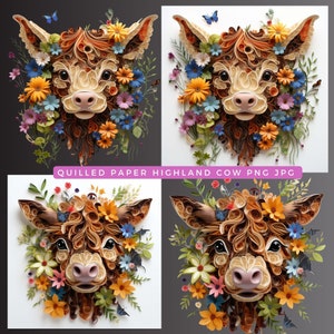 Highland Cow PNG Floral Quilled Paper Download instantâneo Berçário Clipart Farmhouse Cow Cottage Core Paper Highland Cow Tumbler Wrap Baby Cow