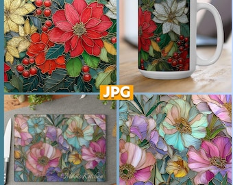 Stained Glass Christmas Bundle 15 Xmas Florals Design Festive Flowers Kitchen Sublimation Design, Kitchen Decor Digital Download Crafters