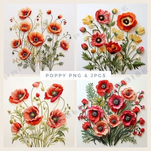 Mohnblumen PNG Stickerei Blumen 8 Pack Digitale Dateien Projekte Gestickte Blumen Digital Wildflower Blumenmuster Handwerk Raumdekor