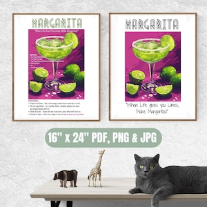 Póster de receta de margarita rosa, póster impreso o digital, decoración de cocina de margarita, impresión artística de cóctel, arte de pared de bar, regalo para barman, margarita