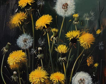 Dandelion Wall Art Set of 3, Botanical Oil Painting Prints, Dark and Neutral Floral Nature Decor Oil Painting Style Moody Floral Art