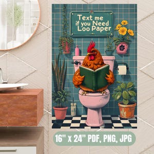 Poster divertente per il bagno con pollo Poster di polli per il water Pollo che legge un libro sul water Decorazione per il bagno Animale da fattoria Amante degli uccelli WallArt