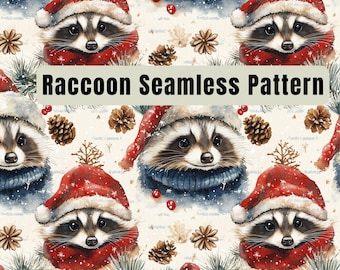 Christmas Raccoon Seamless Pattern: Winter Watercolor Gift Wrap (PNG Digital Download)