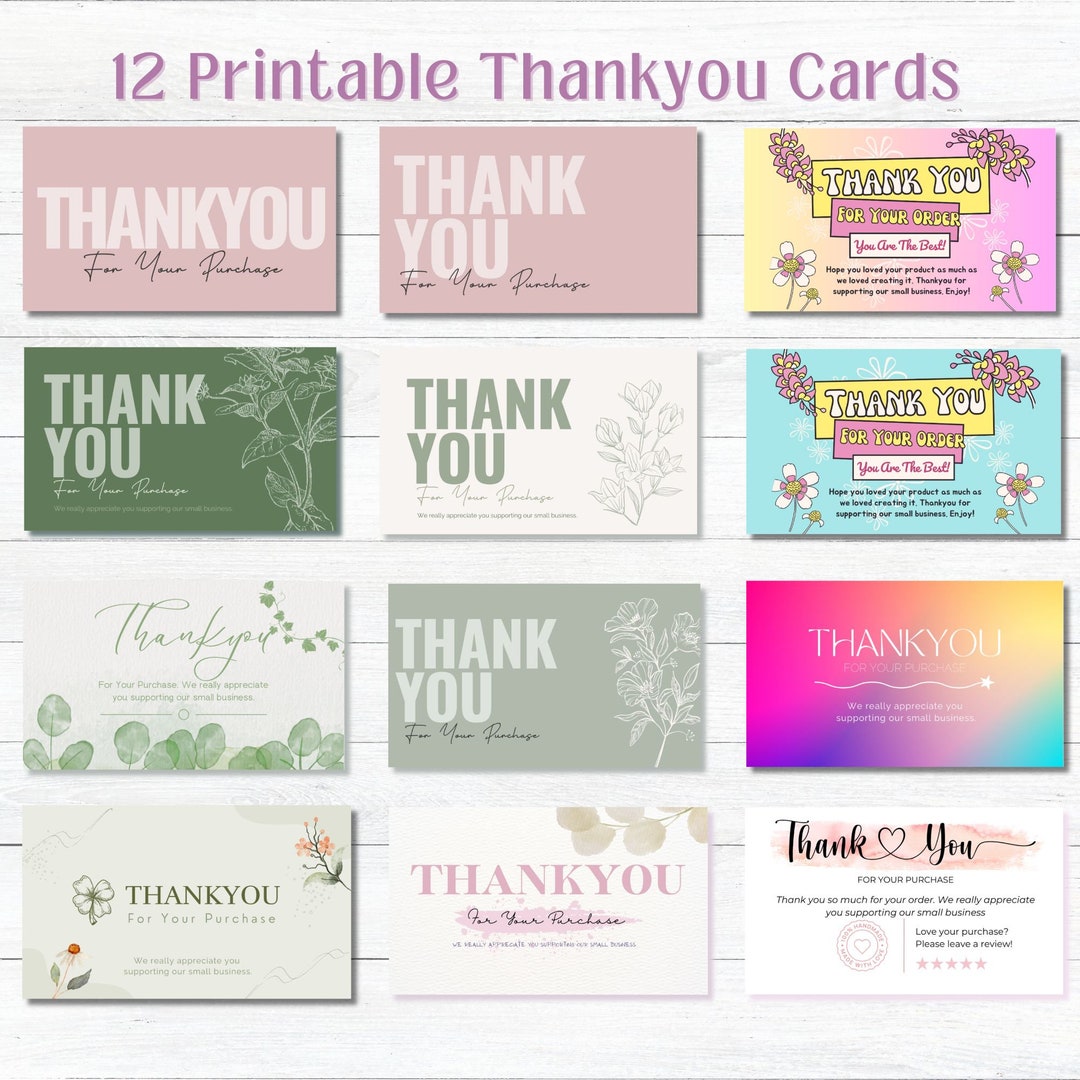 Printable Thank You Cards - Set of 12 Designs 4 Themes Customer ...