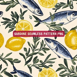 Könnte beinhalten: Ein nahtloses Muster mit Sardinen, Zitronen und Olivenzweigen. Die Sardinen sind realistisch dargestellt mit einem blauen und silbernen Farbschema. Die Zitronen sind gelb und halbiert. Die Olivenzweige sind grün und haben kleine, runde Oliven.