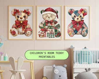 Christmas Teddy Bear Clipart Patchwork Bear PNG Quilted Bear Illustrations Teddy Printables Christmas Kids Wallart Cute Bear Poster Bears