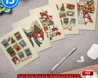 Christmas Cards Bundle 15 Patchwork Christmas Cards PDF Printable Holiday Cards Vintage Patchwork Christmas Trees & Santa Digital PDF Cards