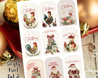 Christmas Patchwork Chicken Gift Tags: Printable Holiday Cards (PDF)