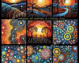 PAQUETE Pinturas de puntos de arte aborigen -16 imágenes prediseñadas aborígenes y patrones sin costuras Tamaño 14x14 JPEG aborigen Australia Arte de patrones sin costuras