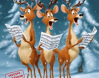 Carolling Reindeer Christmas Poster Set Holiday Wall Art Decor Cute Reindeer Singing Print Christmas Nursery Art 16x20 Prints Festive Art