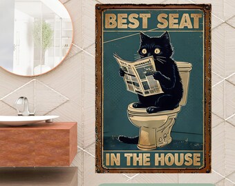 Affiche de salle de bain drôle de chat noir salle de bain impression salle de bain PNG numérique décoration murale fantaisiste, cadeau pour les amoureux des chats humour toilette pendaison de crémaillère